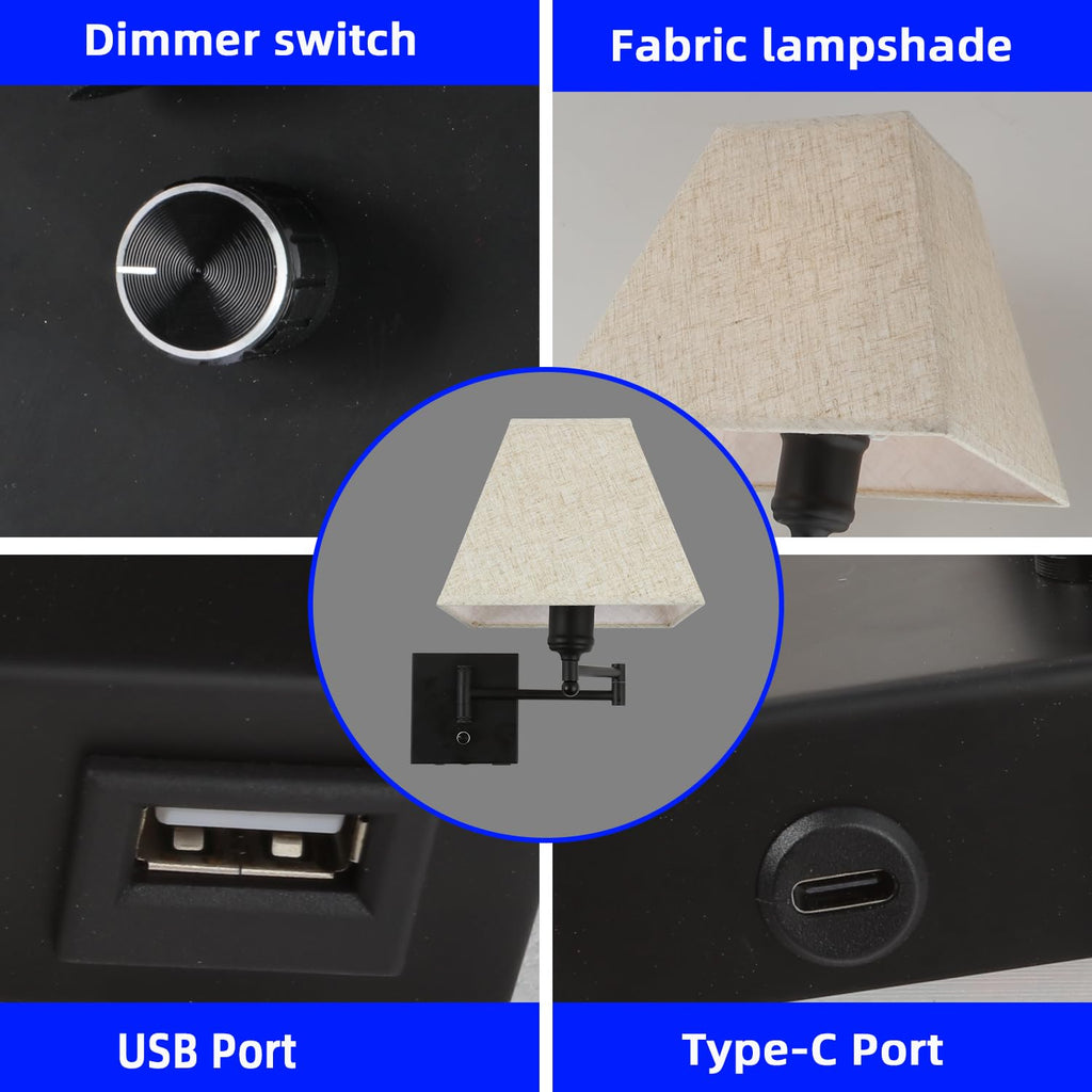 13" Modern Swing Arm Wall Lamp Plug in Wall Sconce with USB and Type-C Port Wall Mounted Lamp with Dimmable Switch