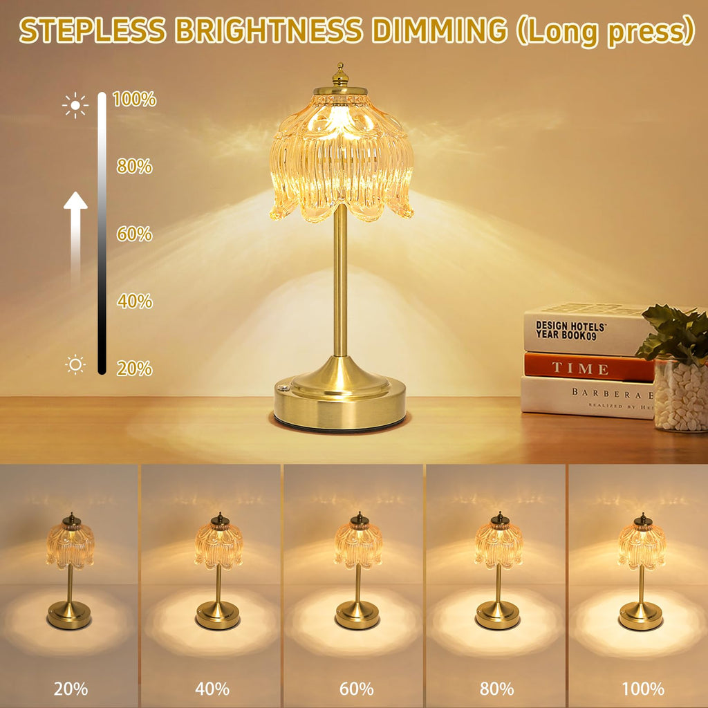 Cordless Table Lamp, Rechargeable Amber Glass Lotus Flower Lamp