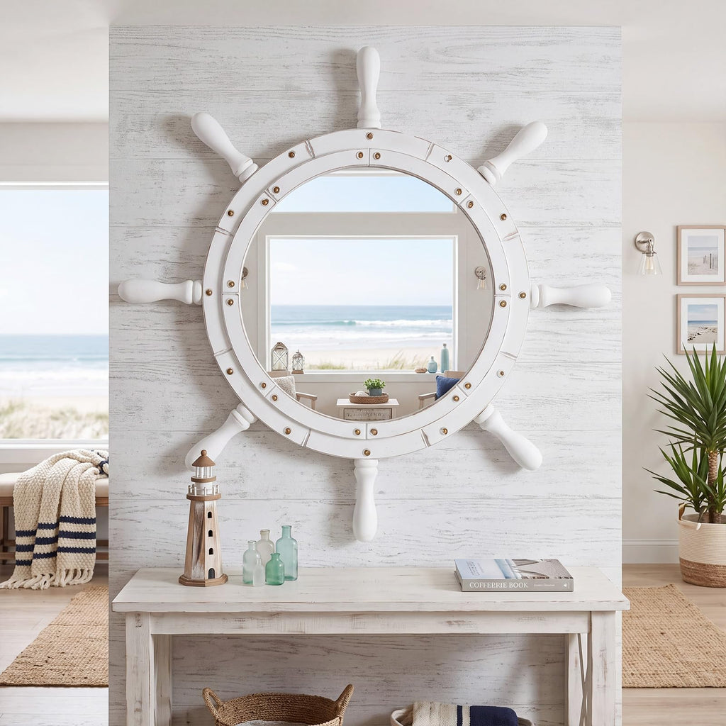 Nautical Ship Wheel Mirror Wall Mounted, White Handle, 36 Inch