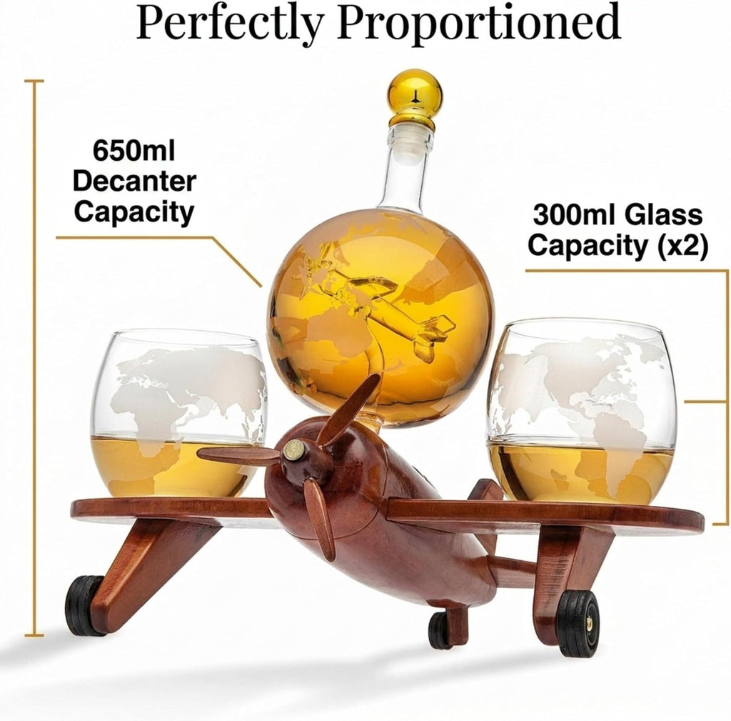 Whiskey Decanter Airplane Globe Set with 2 World Whiskey Glasses - for Liquor Scotch Bourbon Vodka - Set of 3