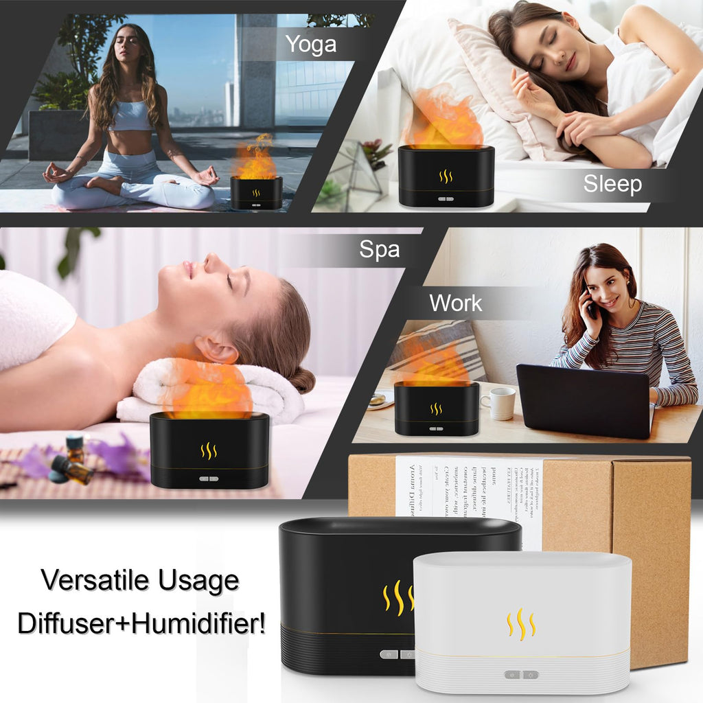 Essential Oil Diffuser, 180mL Flame Diffuser Humidifier with LED Fireplace Effect, Up to 8 Hours, Waterless Auto