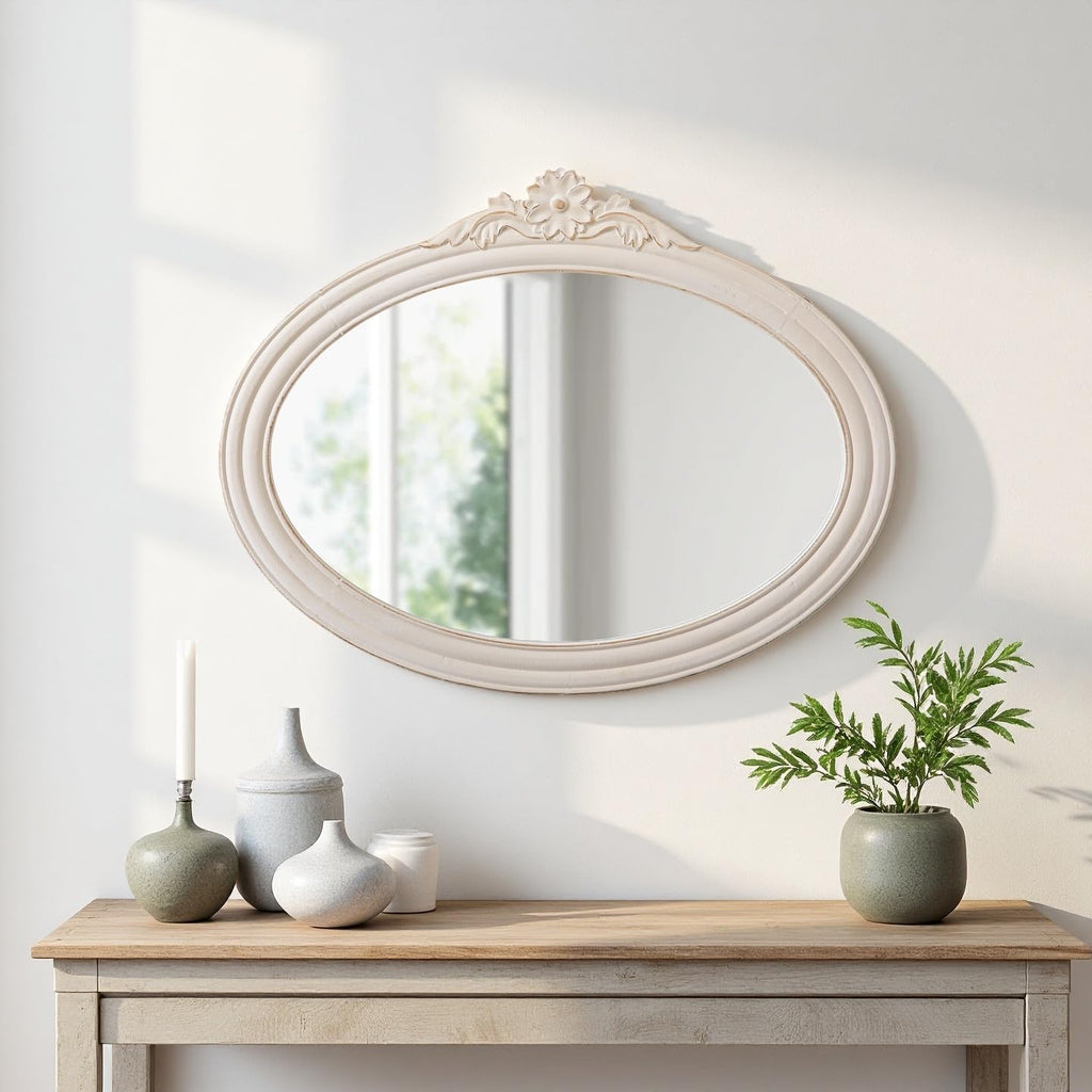 Vintage Oval Mirror, Distressed White, 24 X 30 Inch