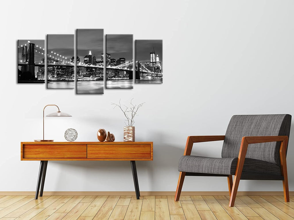 New York Brooklyn Bridge Canvas Wall Art Night View 5 Panels Modern Landscape Artwork Canvas Prints Abstract Pictures