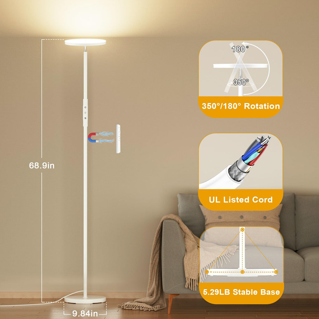 LED Floor Lamp, Bright Standing Lamp 350W Equivalent with Stepless Dimming, Modern Torchiere Room