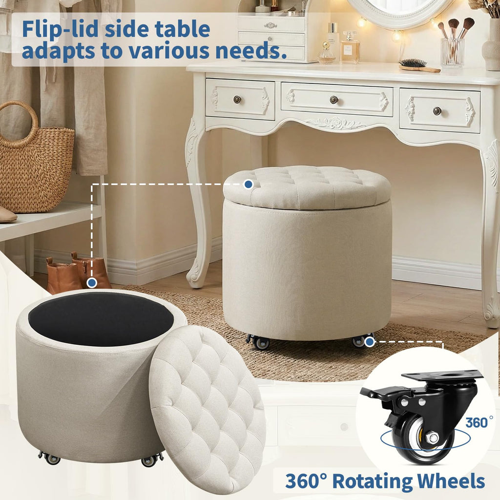 18.9 Inch Round Storage Ottoman with Wheels, Hidden Storage with Removable Lid, Stylish Button Tufted Design Ottoman