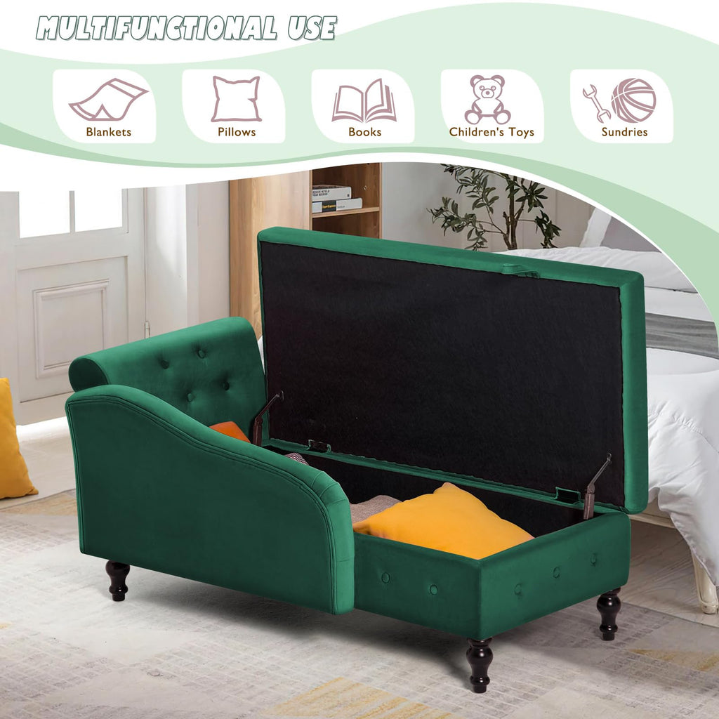 Velvet Chaise Lounge w/Right Armrest & Storage Space, Green