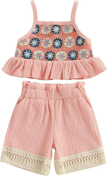 Toddler Baby Girl Crochet Outfit Floral Ruffle Camisole Tank Tops Tassels Linen Shorts Set 2Pcs Kid Boho Summer