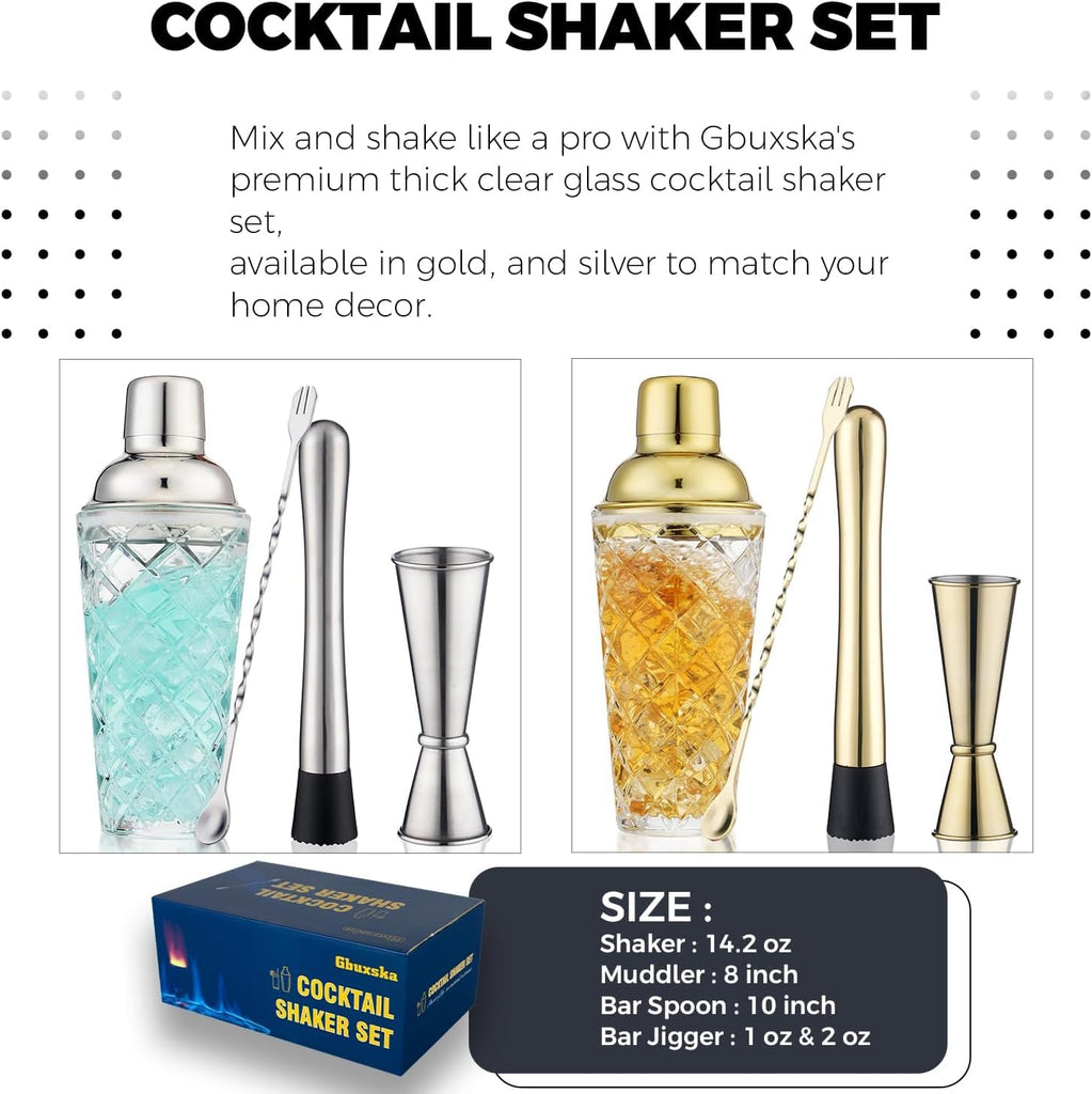 Cocktail Shaker Set with Jigger, Bar Spoon & Muddler - Set of 7