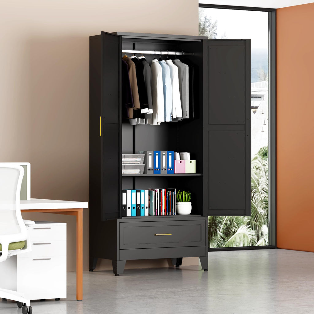 71" H Armoire Wardrobe Closet with 1 Drawer, Metal Wardrobe Closet with Doors and Adjustable Shelves, Wardrobes