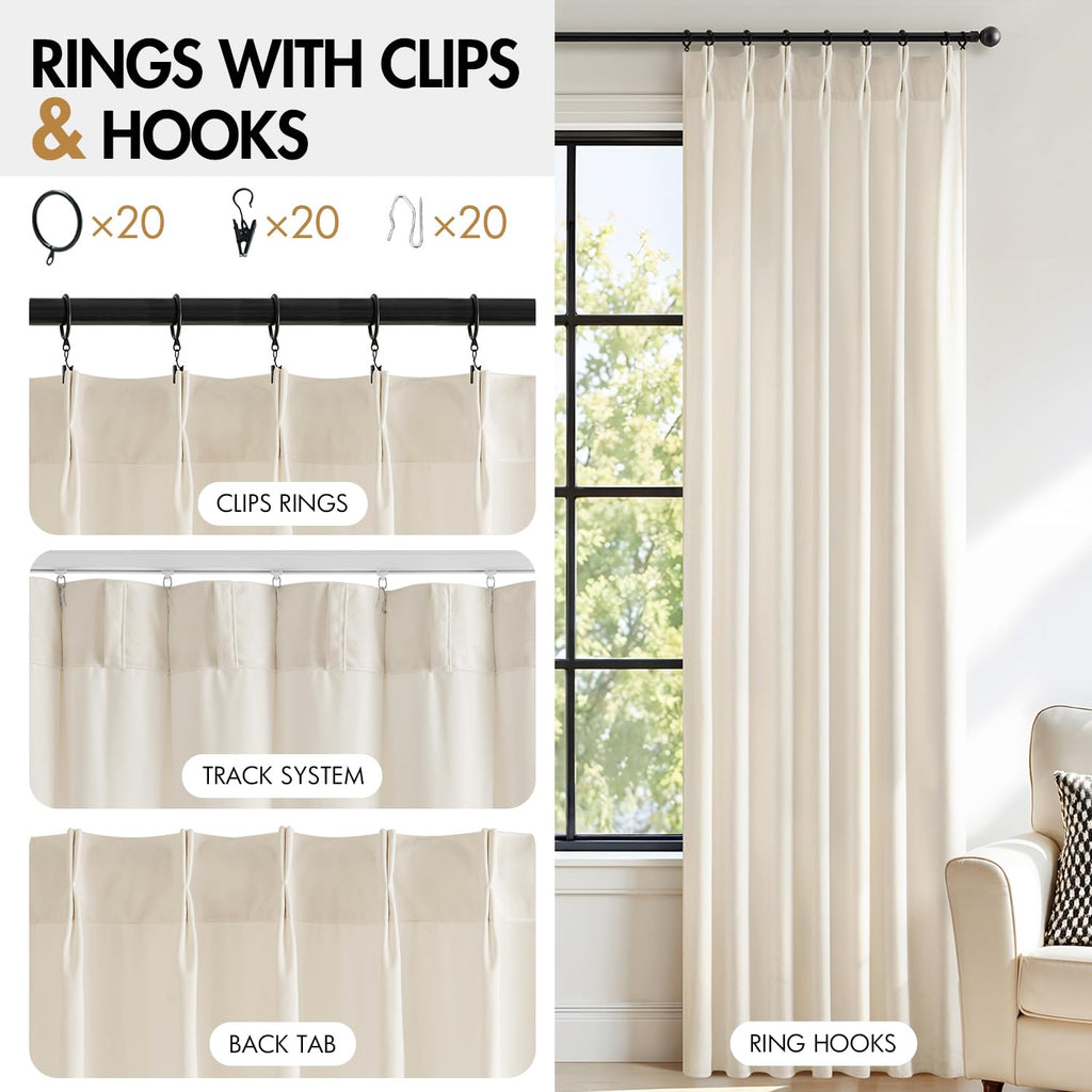 Velvet Pinch Pleated Blackout Ivory Curtains 40x96 Inches