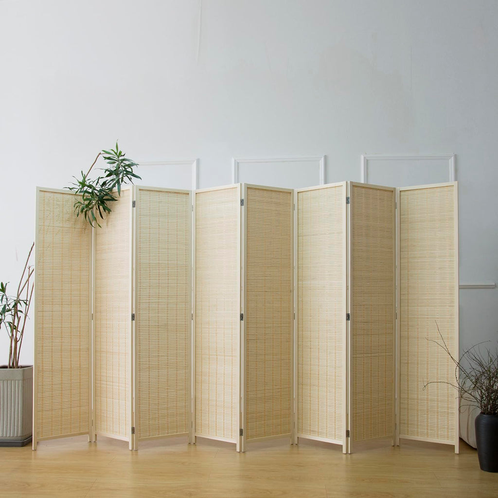 8 Panel Bamboo Room Divider - 5.6 ft Tall Folding Privacy Screen, Natural Beige Freestanding Partition Wall (67" x