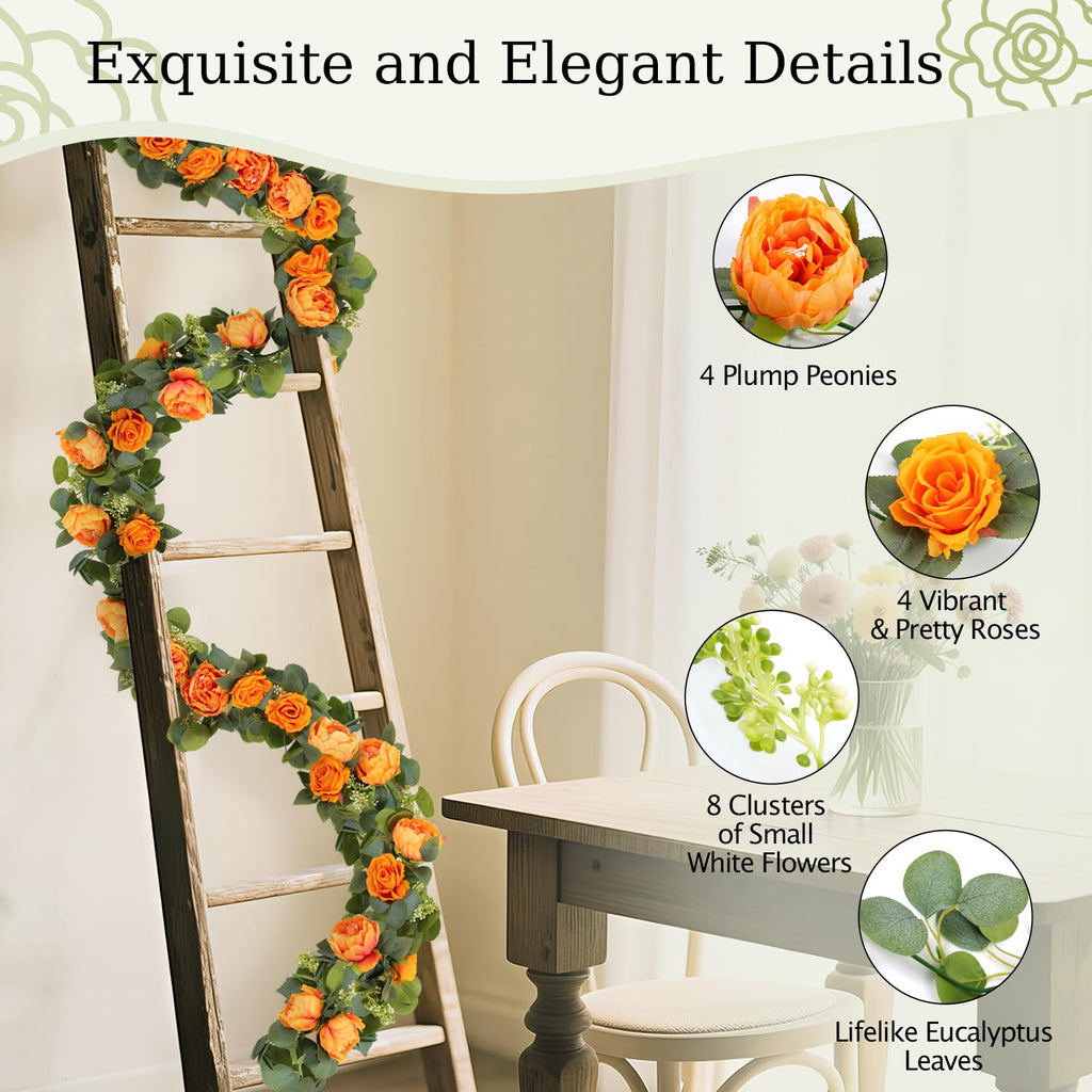 6FT Artificial Eucalyptus Garland with Flowers, Orange Peony, 1pcs