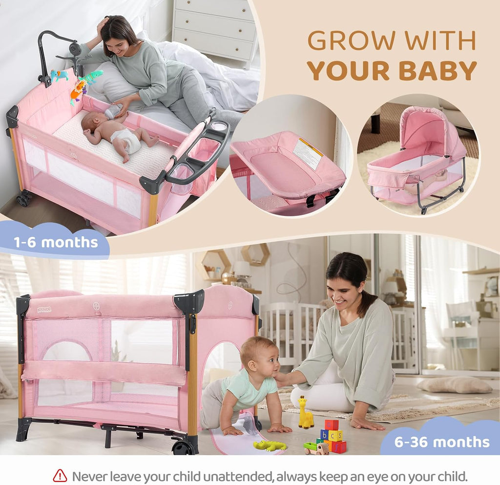 7 in 1 Bedside Bassinet with Changing Table, Baby Girl Bassinet, Pink Bedside Sleeper with Mattress, Sheet, Canopy
