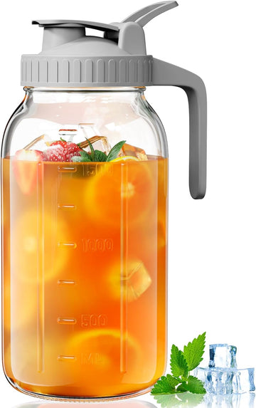Glass Pitcher with Lid - 64oz Glass Mason Jar Pitcher with Wide Mouth, Airtight Seal, Leak-Proof, Spout Design