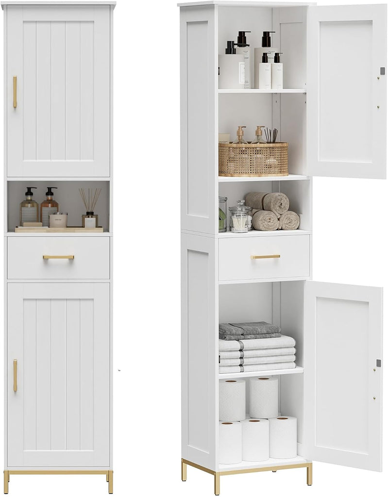 67" H Bathroom Storage Cabinet, Tall Bathroom Cabinet, White | Narrow Cabinet with Doors and Drawer, Adjustable