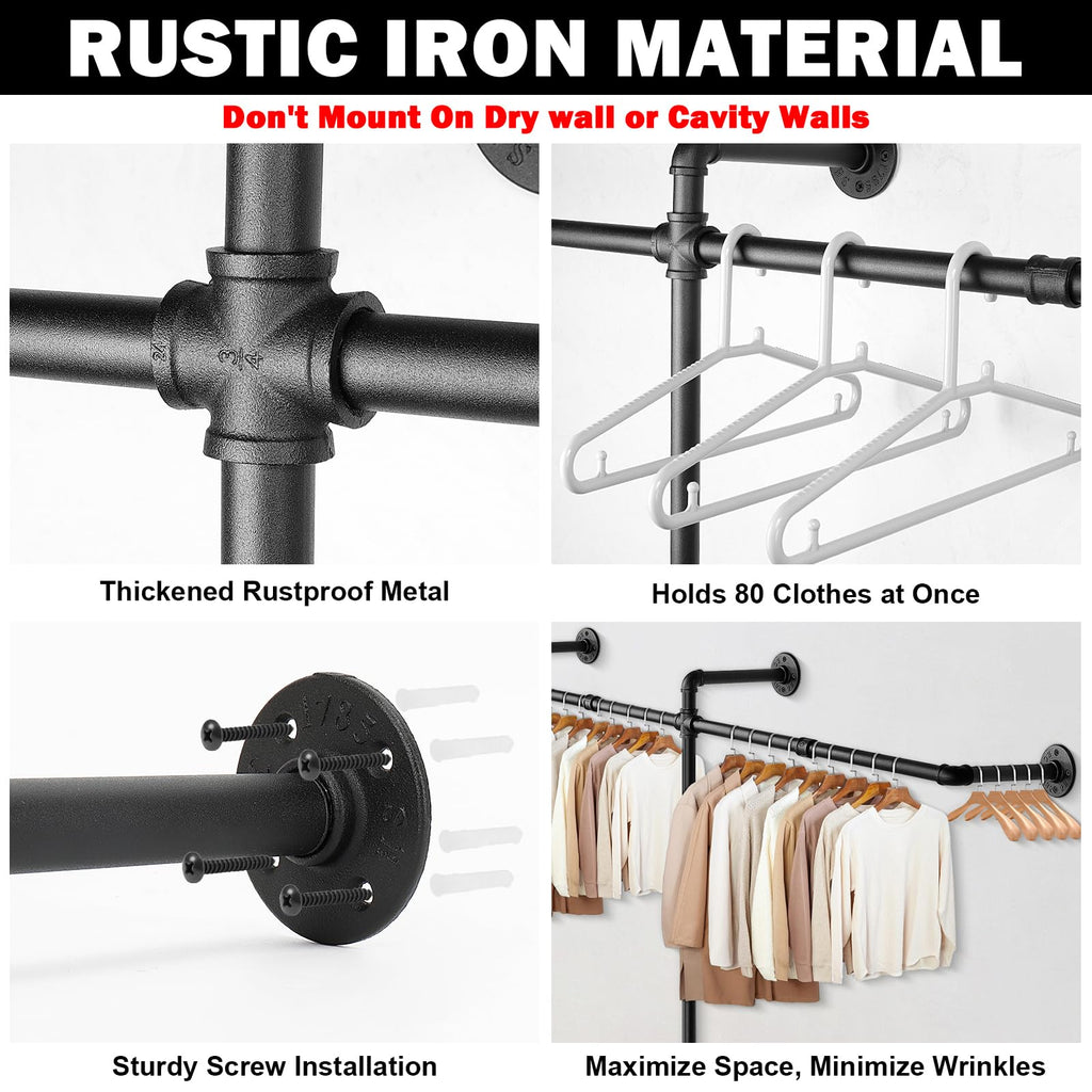 Industrial Pipe Clothes Rack, Heavy Duty Detachable Iron Garment Rack Wall Mounted, Rustic Saving Space Clothes Bar