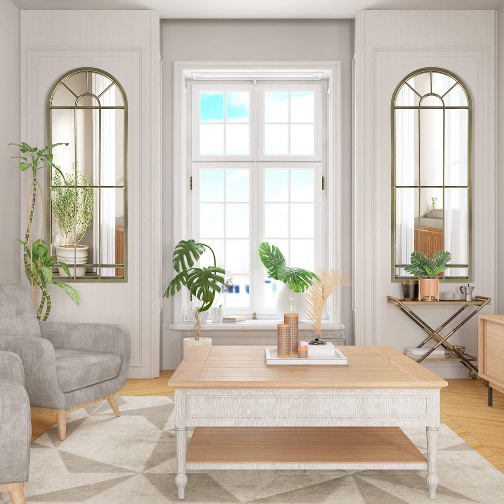 Wall Mirror Window Decorative Mirrors Arched Farmhouse Bedroom Entryway Bathroom Vanity(Gold,47" x17" x 1")