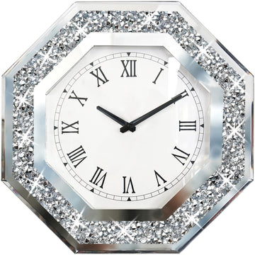 Wall Clock, Octagon Mirror Glass Clock, Cute Diamond 12-inch Non-Ticking Clock for Wall Décor, Perfect Home Decor