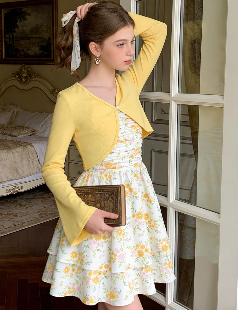 Layered Ruched Dress for Adjustable Strap Outfit with Cardigan