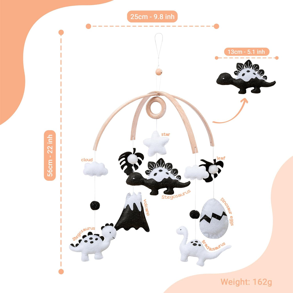 Dinosaur Crib Mobile - High-Contrast Black & White Nursery Decor for Newborn Baby Room, for Boy & Girl, Natural Wood