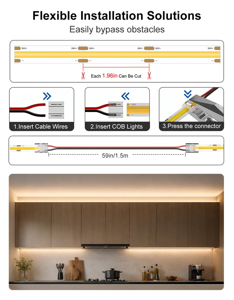 Under Cabinet LED Lighting kit, Plug in 16.4ft COB LED Strip Lights