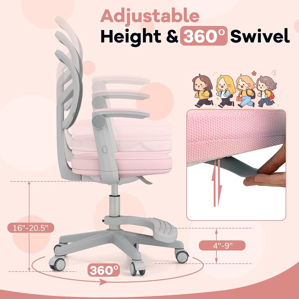 Kids Desk Chair, Ergonomic Study Chair with Footrest, Flip-up Armrest, Wheels, Adjustable Height Mesh Student Chair