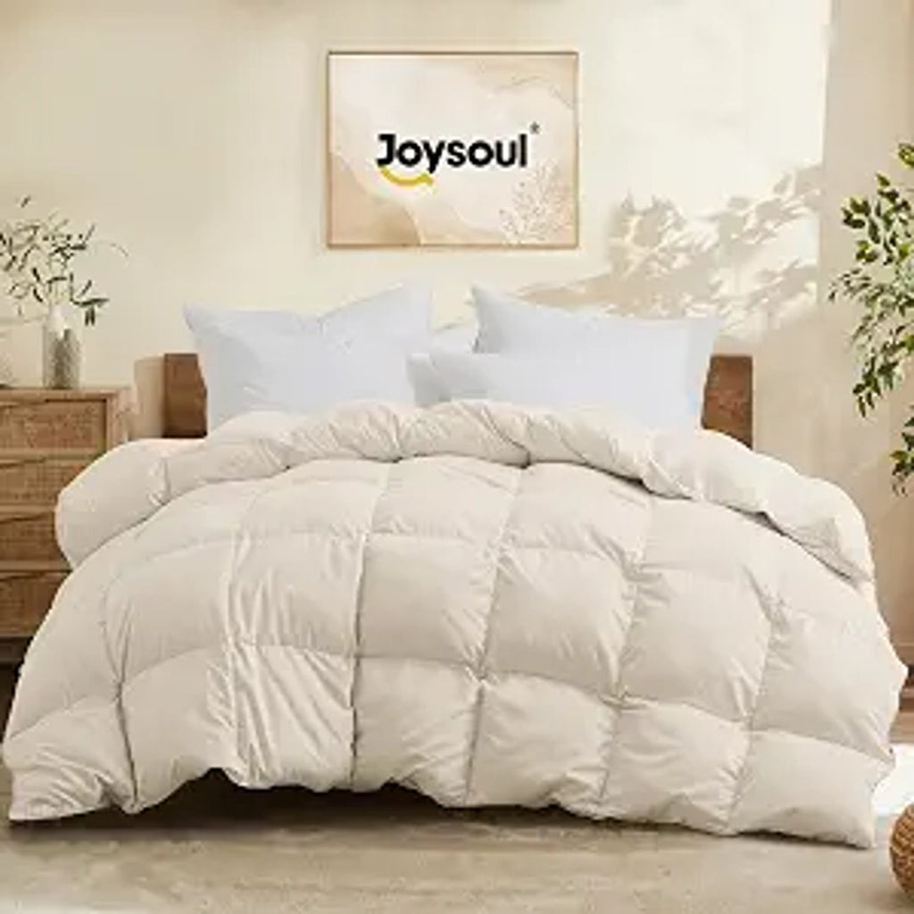Twin Down Comforter - All Season Ultra Soft Goose Down & Feather Fiber Fill, Luxury Hotel Cream Duvet Insert with