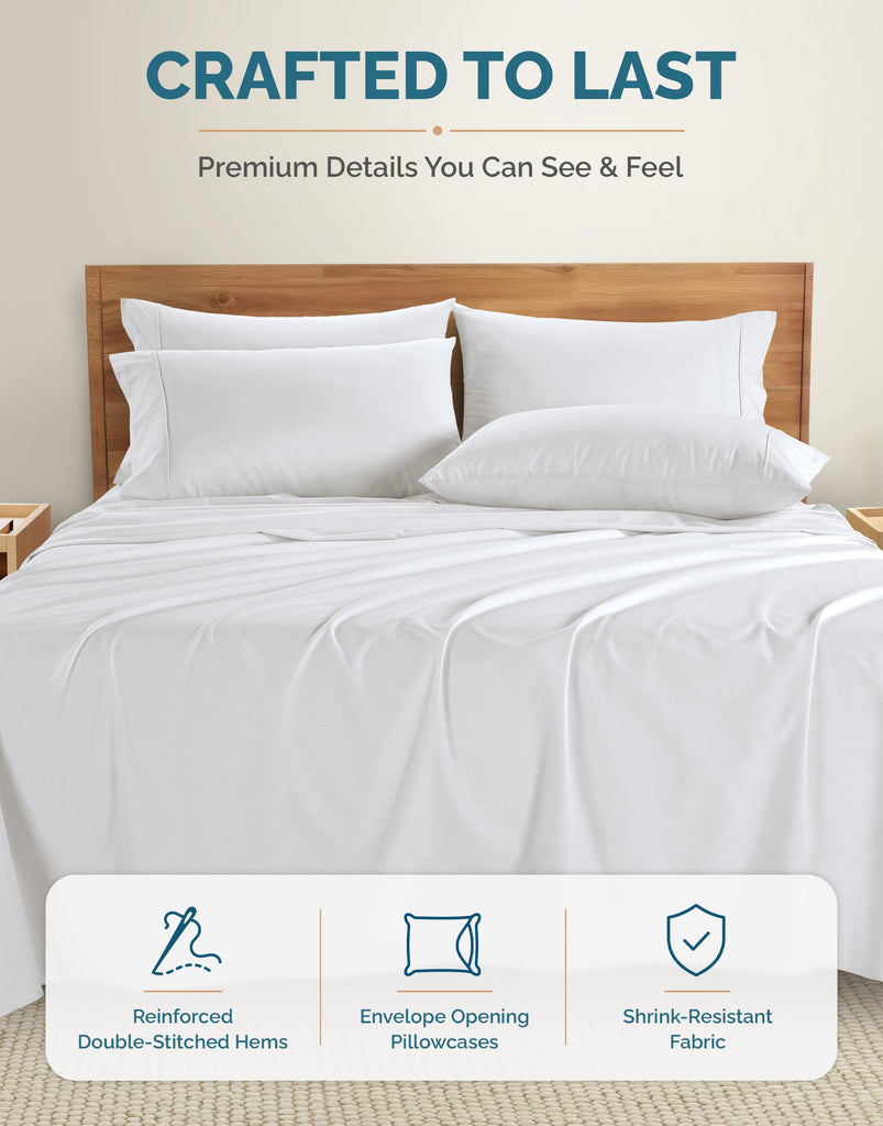 Sheets Set -100% Cotton Sheets with 4 Pillowcases, Lightweight Feel & Secure Fit, Crisp & Breathable