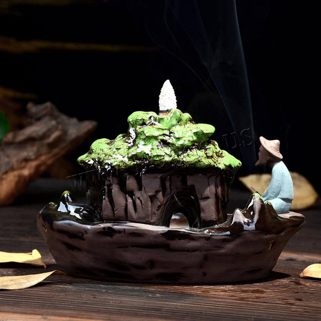 Guilin Landscape Backflow Incense Burner, Handmade Ceramic Waterfall Incense Stick Cone Holder with Incense - Set of 20