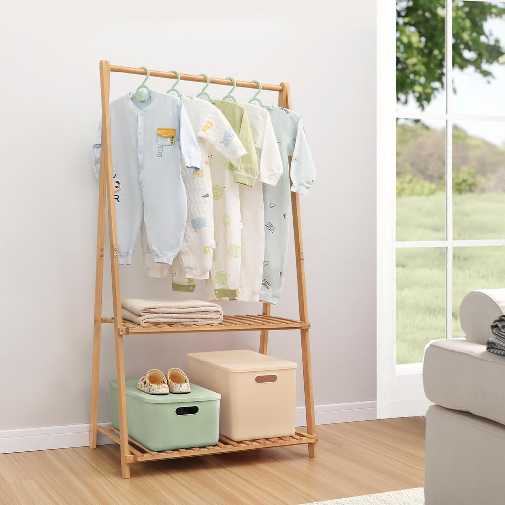 Bamboo Child Garment Rack Foldable with 2 Tier Storage Shelf