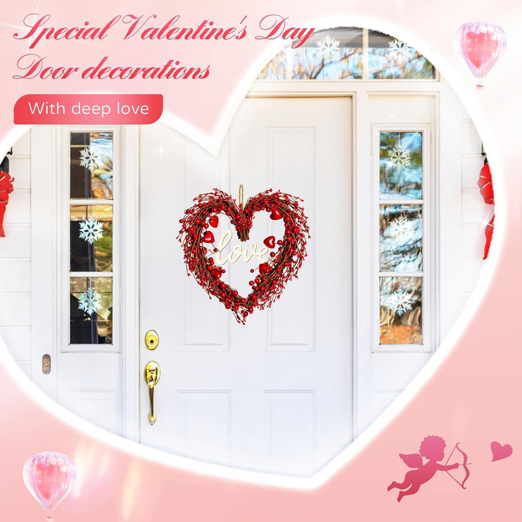 Valentines Day Wreaths for Front Door,14 Inches Artificial Red Berries Valentine Heart Shaped Wreath Decor with Love