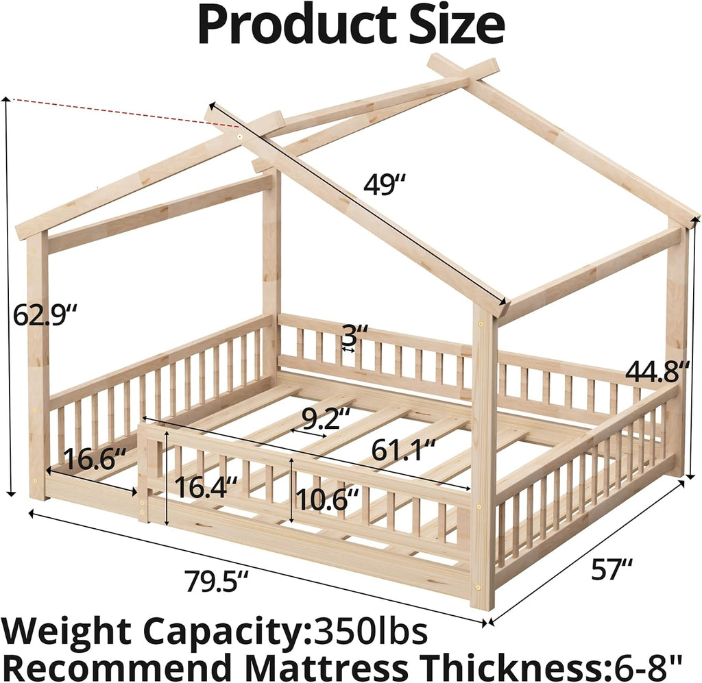 Full Size House Bed with Fence, Wooden Montessori Bed with Slats Support, Floor Bed Frame for Boys Girls Bedroom
