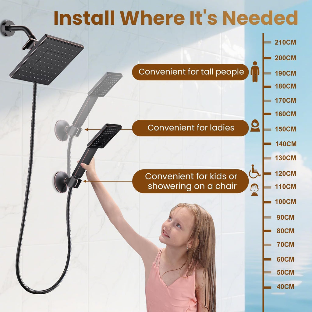 Rain Shower Head with Handheld Spray, 8 Inch Rainfall Shower Head Combo with 60" Hose, Adjustable Dual Square