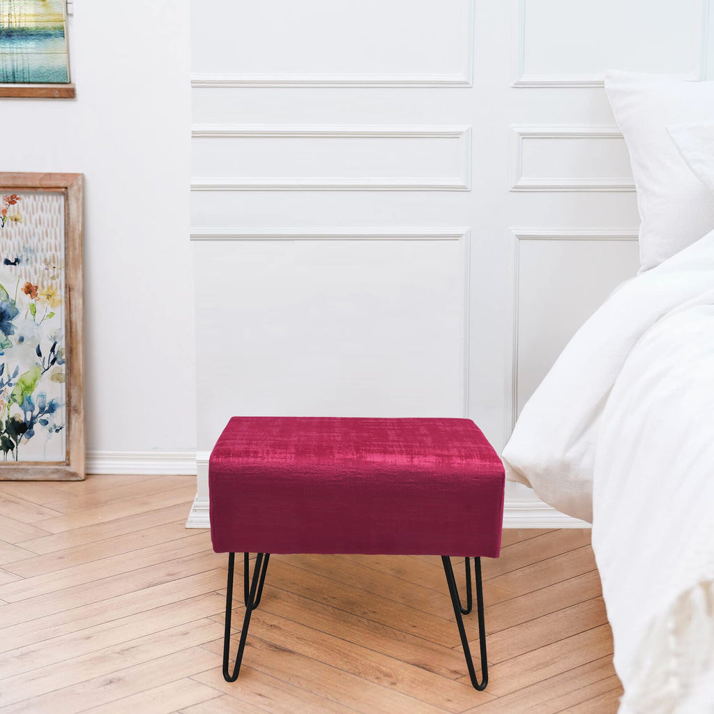 Red Velvet Tufted Ottoman 19.5"x12.5"x17"H Entryway Bench Comfy Furry Makeup Stools Foot Rest Stool Sturdy Bedroom