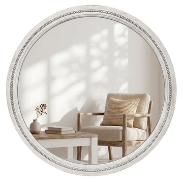 Solid Wood 36 Inch Round Beaded Wall Decor Mirror, Distressed White