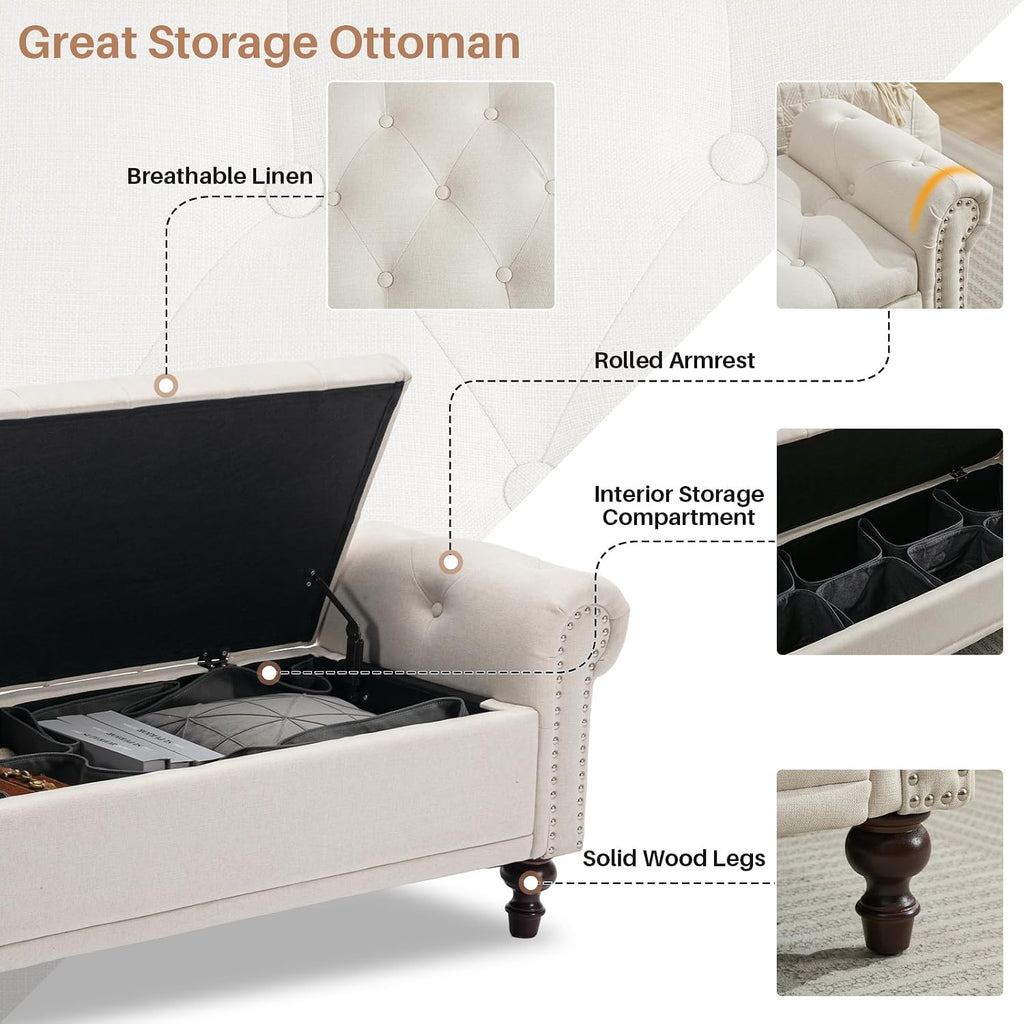 King Size 58'' End of Bed Storage Bench with Tufted Button & Rolled Arms | Linen Storage Ottoman Bed Benches Large