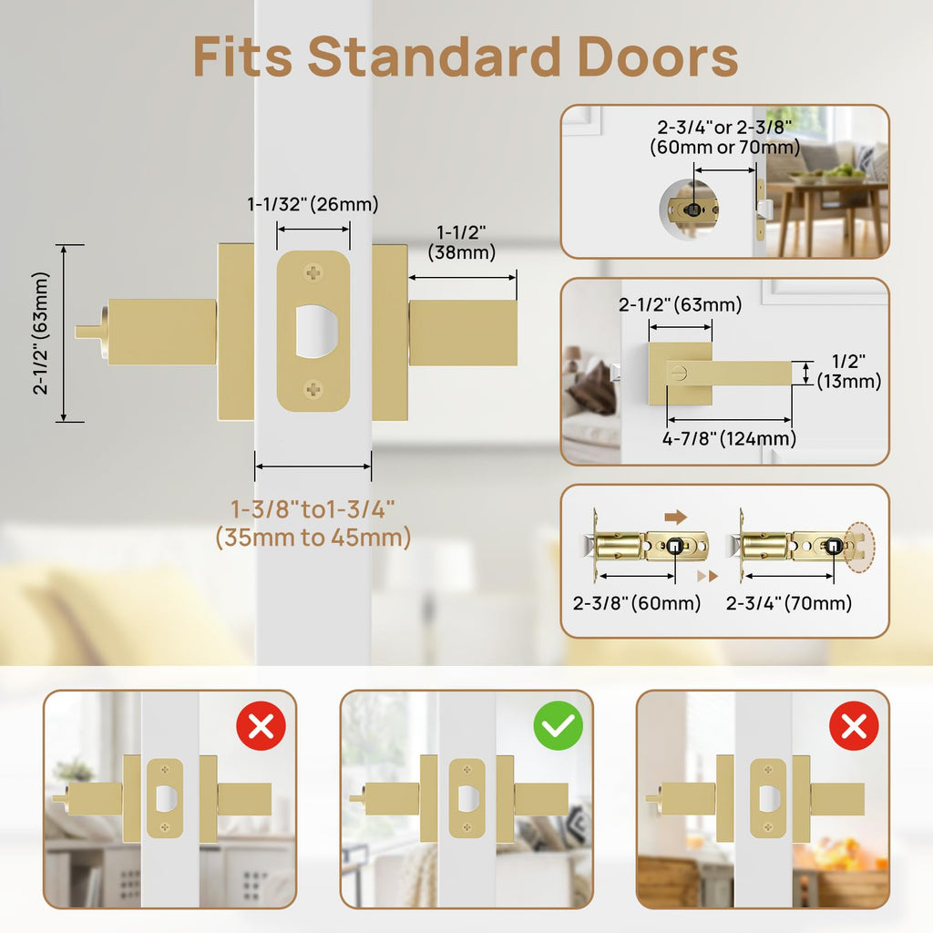 2 Pack Gold Privacy Door Knobs, Modern Keyless Door Handles Interior, Door Locks s, Bathroom, Heavy Duty Zinc Alloy