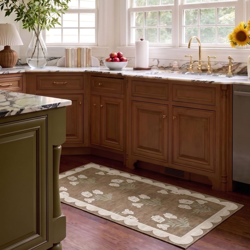 Tan Rug Runner, Boho Floral Scalloped Laundry Room Rug Non-Slip