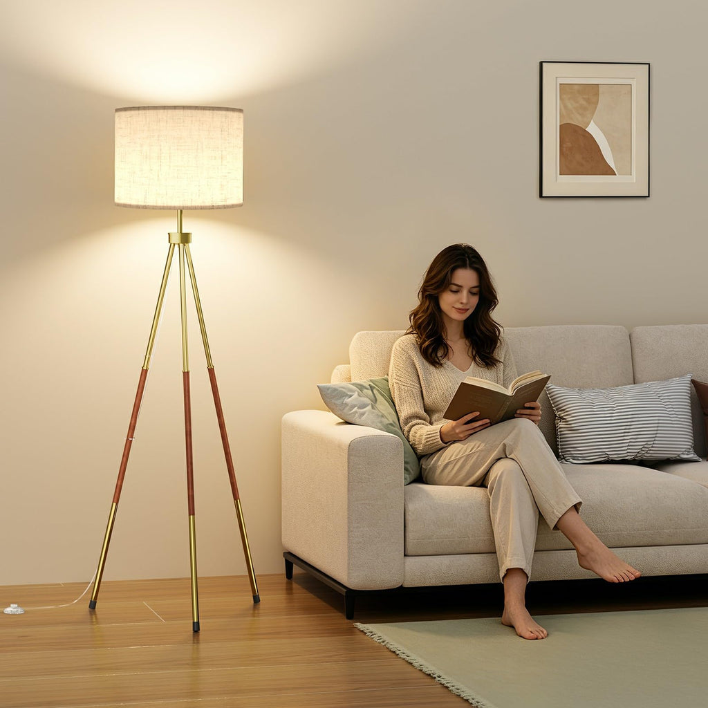 Mid Century Wood Tripod Floor Lamp with Remote & Foot Switch