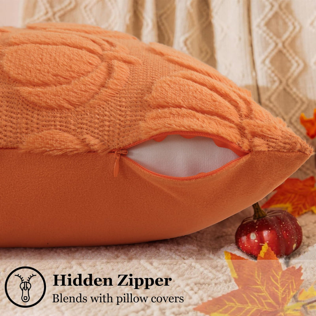 Fall Orange Pumpkin Faux Fur Throw Pillow Covers 16x16 Set of 2