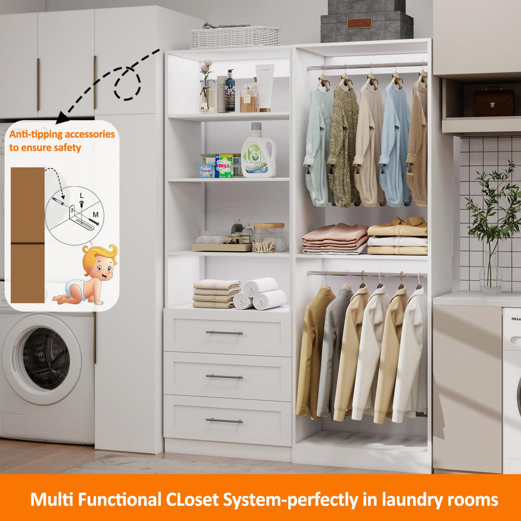 Closet System with 3 Drawers, 4FT-10.5FT Wooden Organizer System