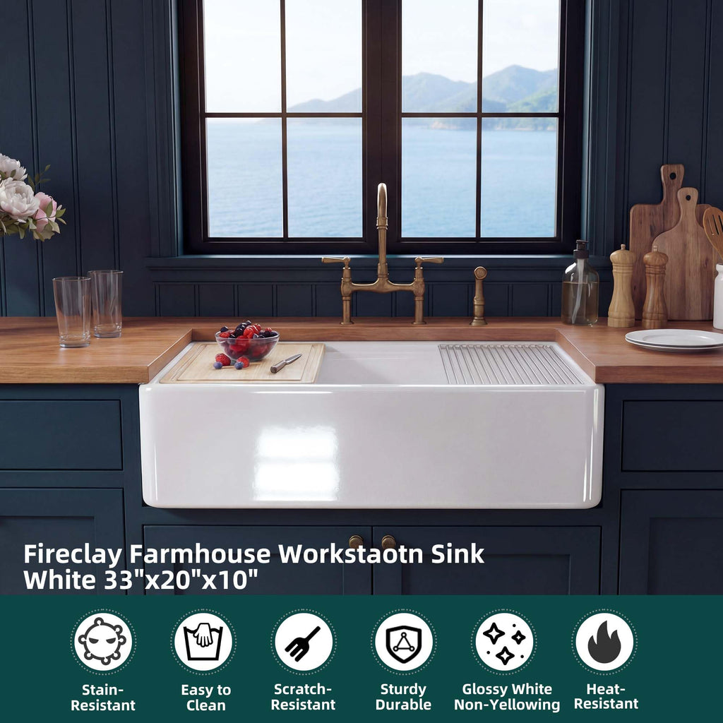 33 x 20 Inch White Apron Front Farmhouse Workstation Kitchen Sink