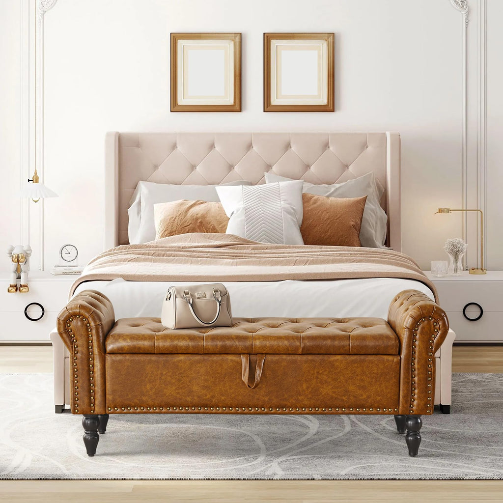 Storage Ottoman Bench, Leather Benches End of Bed Bench with Solid Wood Legs Upholstered Ottoman Bench with Storage