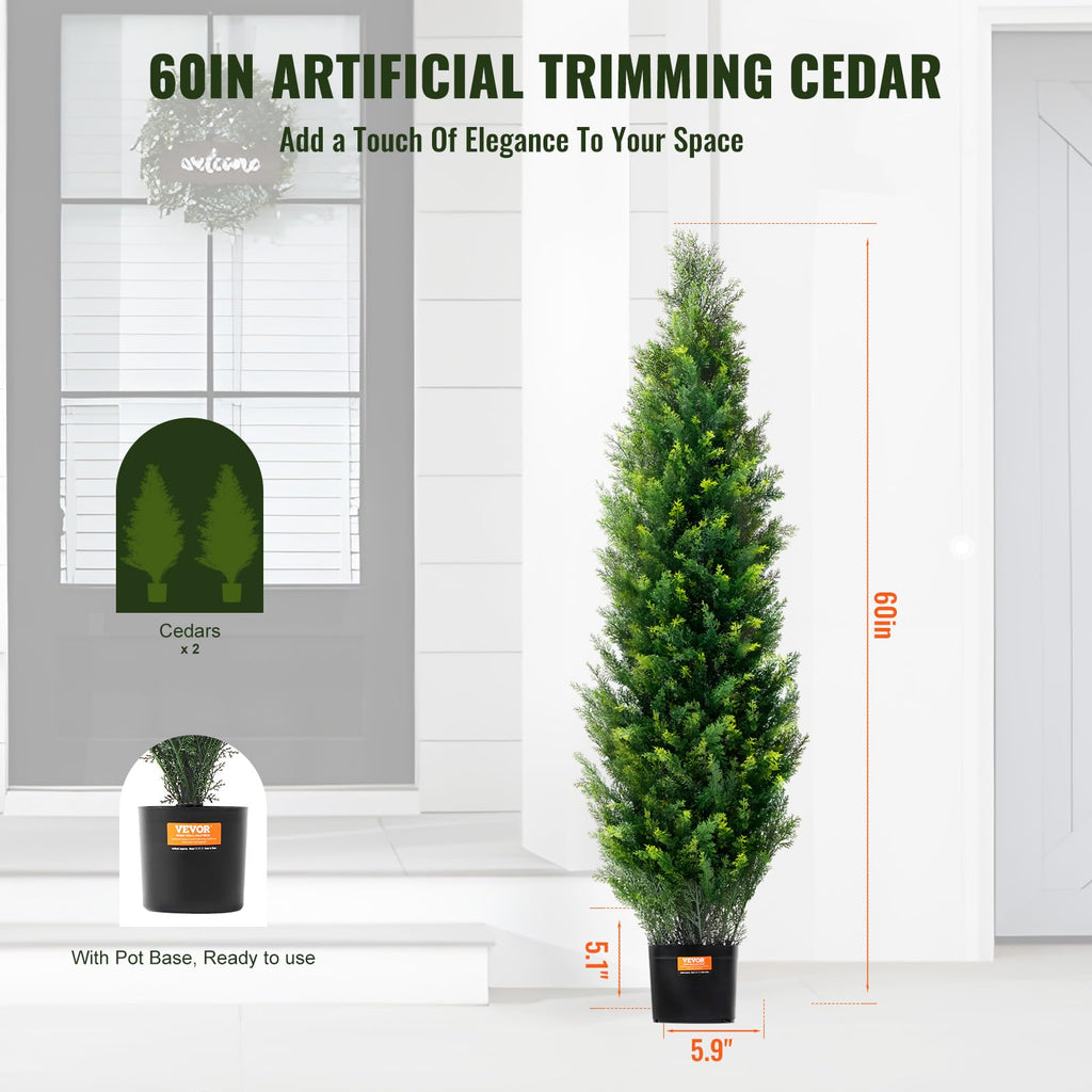 Artificial Cedar Topiary Tree, 60 inch Tall (2 Pieces), with Extra Leaves & Pot Faux Evergreen Fake Pine Cypress