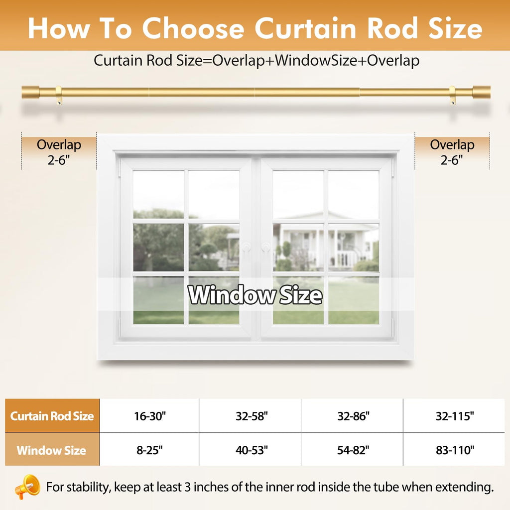 Gold Curtain Rod for Windows, 32 to 115 Inch, Modern Cap Finials
