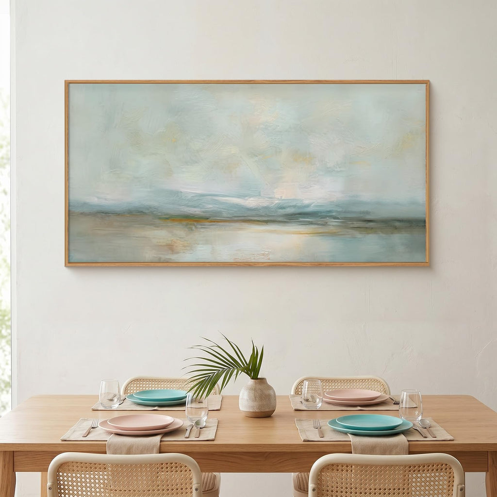 Sage Green Abstract Framed Canvas Wall Art, Watercolor Landscape Horizontal Wall Decor, Neutral Minimalist Lake