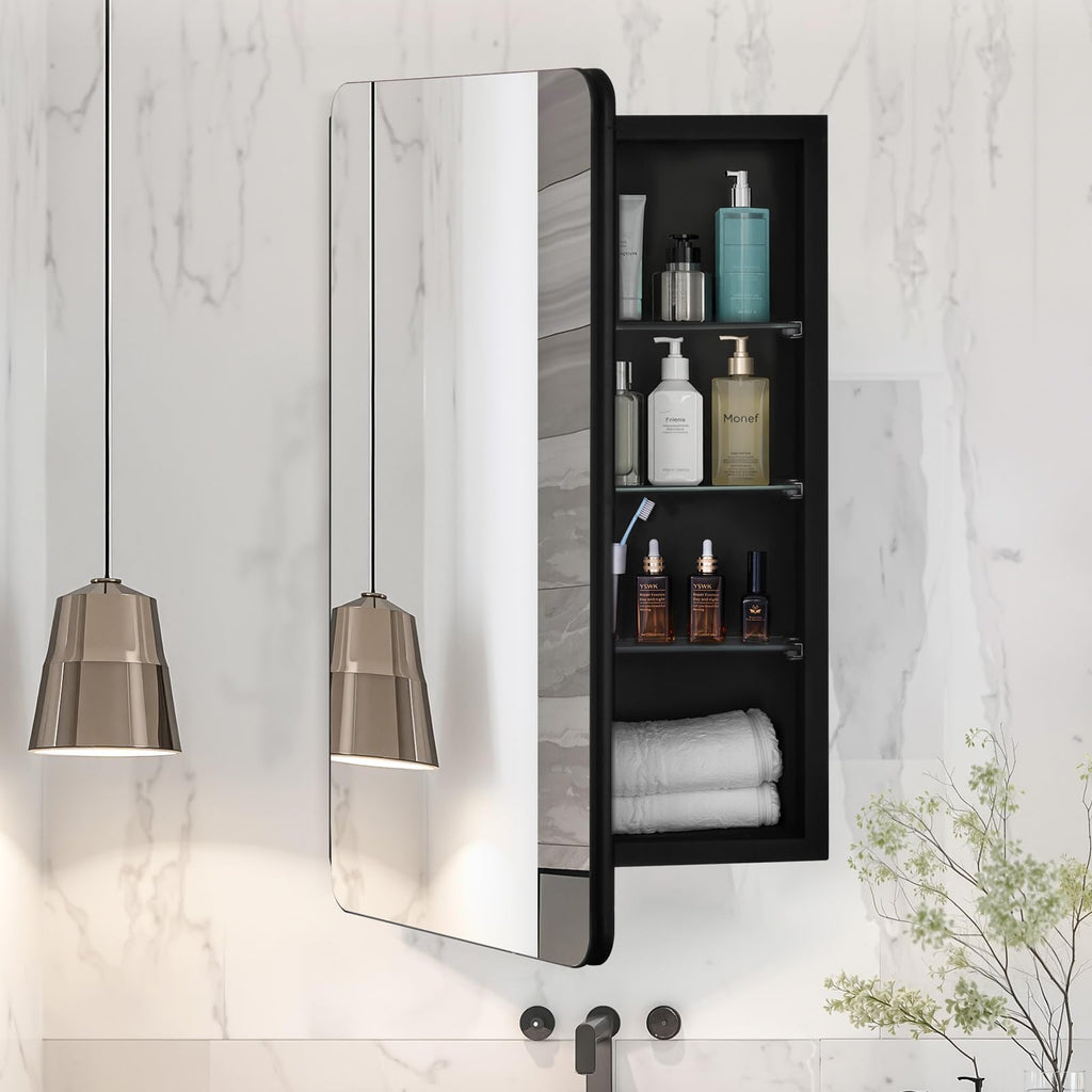 Medicine Cabinet, 16.5 x 27.5 inch, Medicine Cabinet with Mirror, Aluminum Frame Bathroom Wall Cabinet, 3-Layer