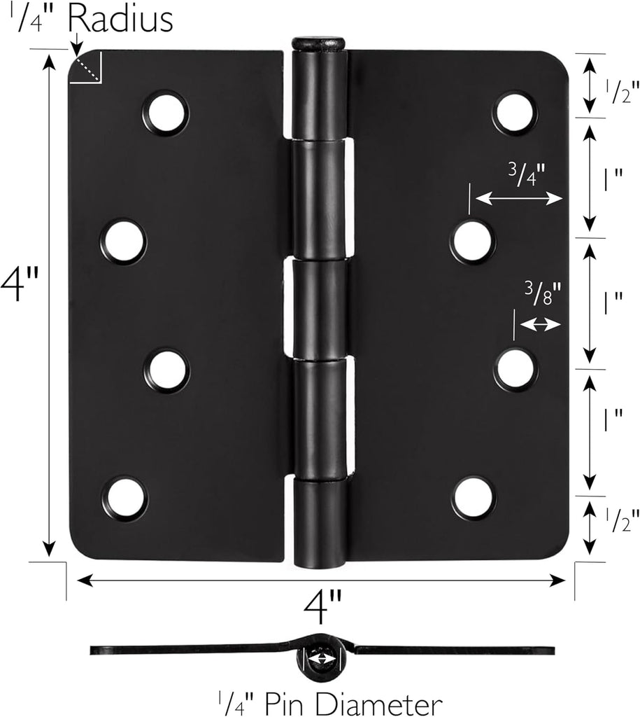 Interior Door Hinges, 4.0 in. x 4.0 in., Rounded, 1/4-in. Radius, Steel, Pre-Lubricated, Door Hardware, Matte Black