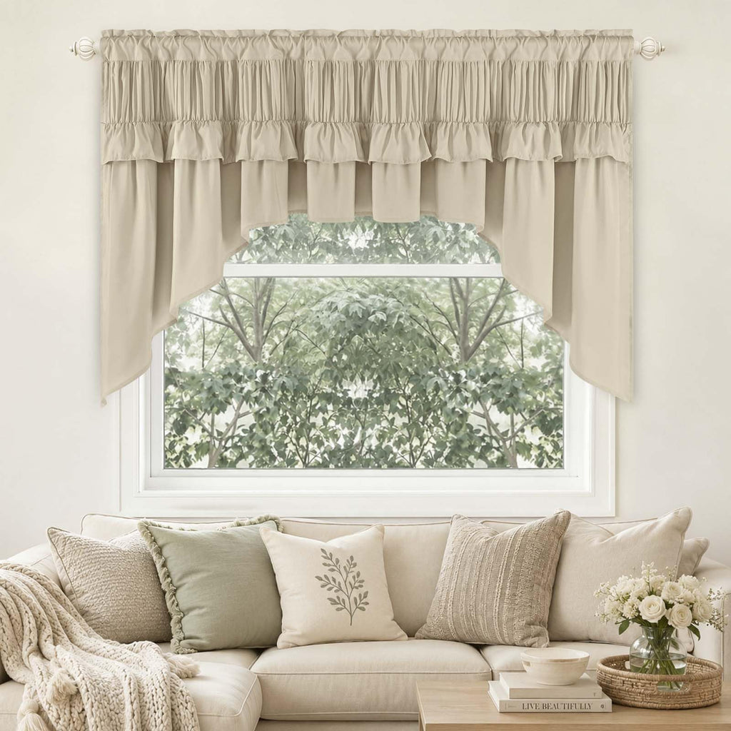 Ruffle Swag Curtains Farmhouse Blackout Valances for Windows Rustic Window Valances Rod Pocket Kitchen Curtains