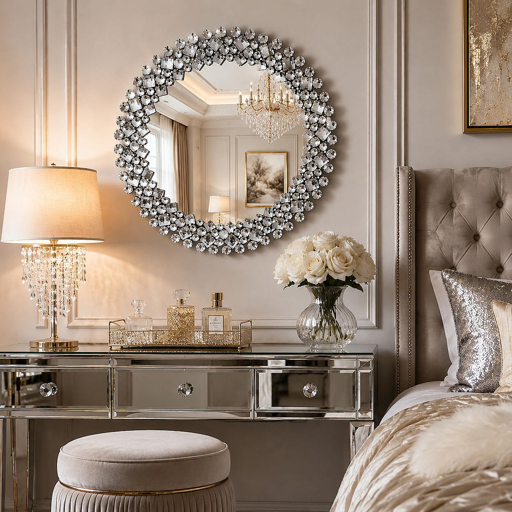 18" Round Mirrors for Wall Decor, Crystal Decorative Mirrors